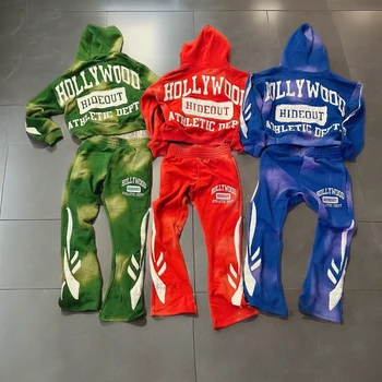 Custom Cropped Hoodies Boxy Cotton Heavyweight Zip Up Hoodie Stacked Flared Tracksuit Men Acid Washed Sweatpants and hoodie set