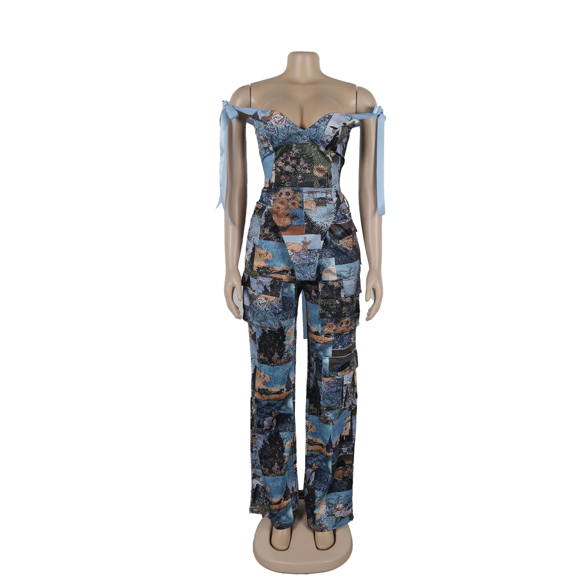 New Fall Print Two Pieces Pants Set With off Shoulder Tube Top Corset and Print Wide Leg Pants