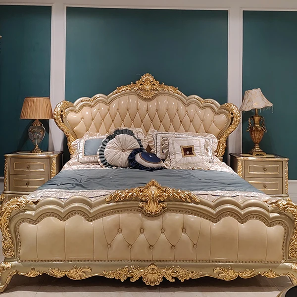 Высококлассная французская роскошная кровать размера «queen-size» мебель для спальни Классическая королевская резная однотонная деревянная двуспальная из натуральной кожи