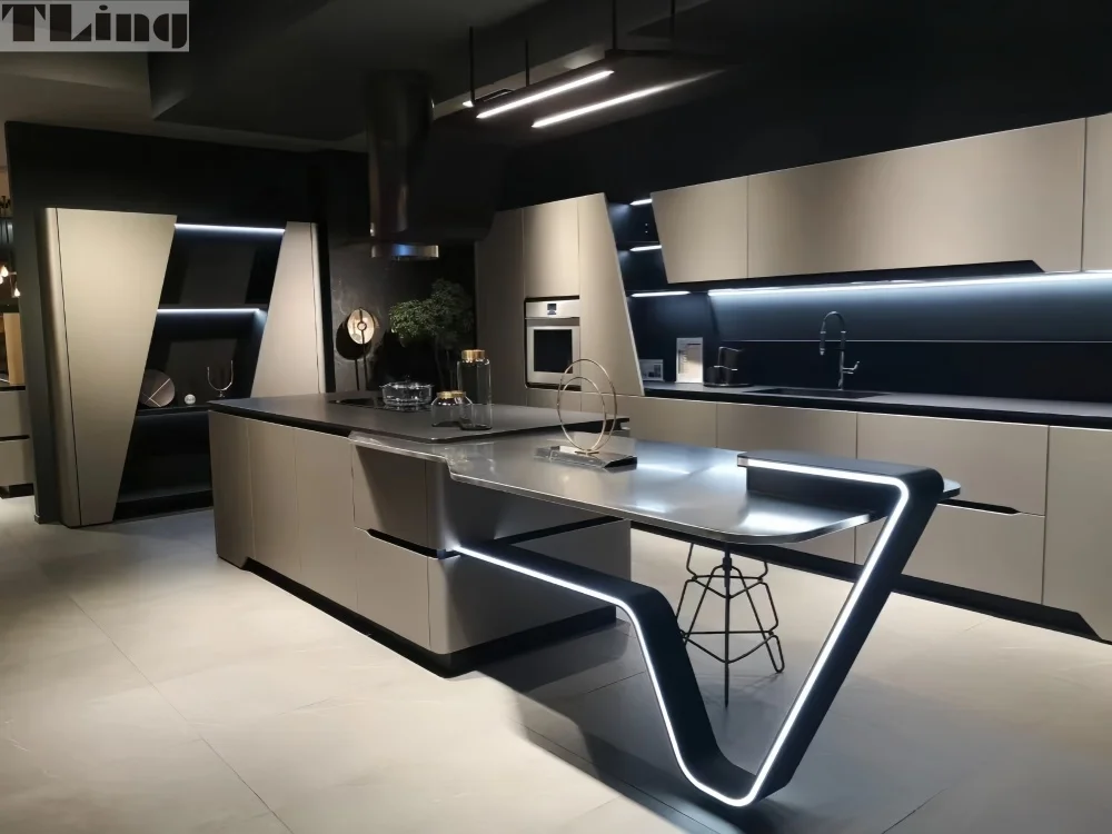 Proece Miami American Style Curved Kitchen Cabinet Stylish Design with Illuminated Island MDF Carcase Lacquer Surface Door Panel