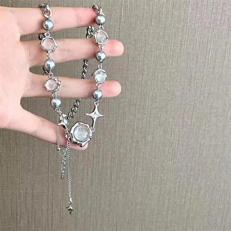 ZooYing Exquisite Moonlight Stone Set with Diamond Four Star Pendant Necklace Fashion Baroque Choker Jewelry for Women