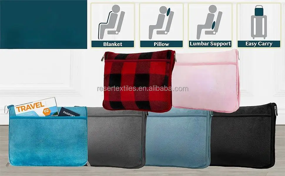 2-in-1 Super Soft Knitted Flannel Throw Zipper Bag Pockets Carabiner Luggage Strap Convenient Multipurpose Travel Blanket Pillow
