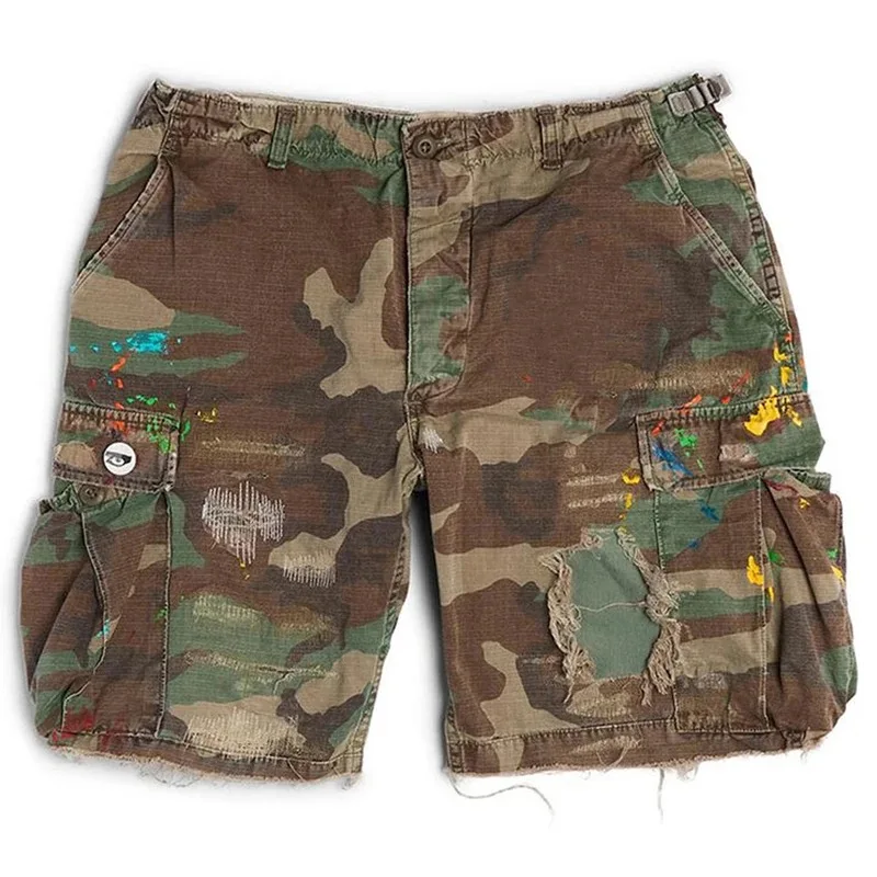 High Street Fashion Elastic Waist Jean Shorts Men Manufacturer Custom Logo Distressed Camouflage Shorts Denim Camo Shorts gallery 7
