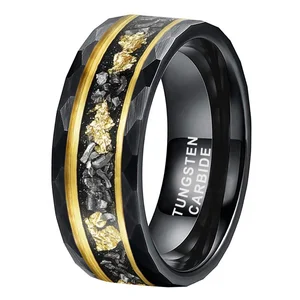 Coolstyle Jewelry 8mm Men Women Fashion Engagement Wedding Band Meteorite Gold Foil Inlay Hammered Black Tungsten Carbide Ring