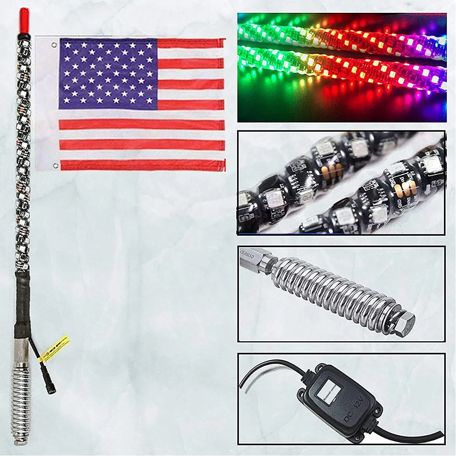 2PCS  Spiral RGB Led Whip Light with Spring Base Chasing Light RF Remote Control Lighted Antenna Whip for Can am ATV UTV RZR