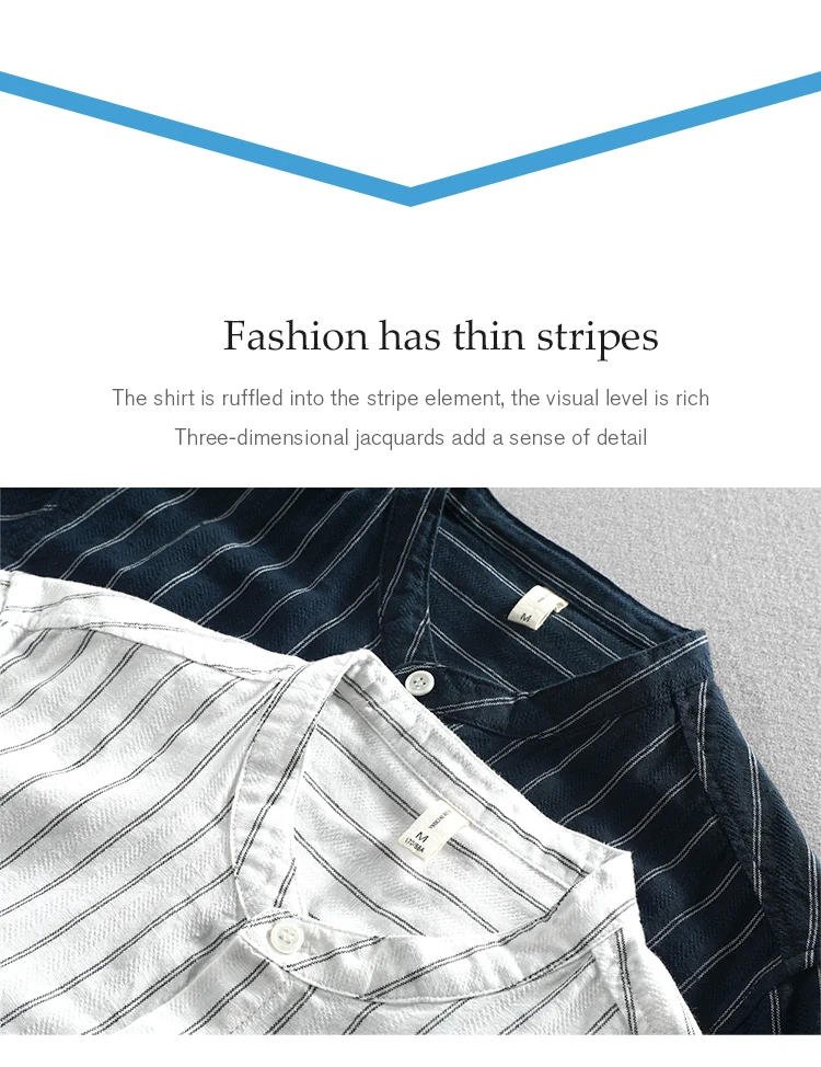 Summer men's casual linen shirt seven-point sleeve stripe stand collar thin Chinese style yarn-dyed cotton and linen youth shirt