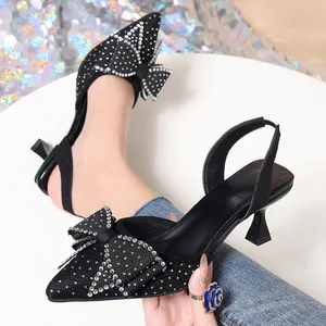 QuiteS 2026 Petite Elegant Rhinestone Pointed Toe Bow Slip-On High Heel Sandals Thin Heel Closed-Toe Larger Size Shoes for Women