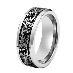 Tizti  High Polished 8mm Tungsten Carbide Ring Scratch Resistant Men Wedding Band with Deep Laser Engraved Floral Design