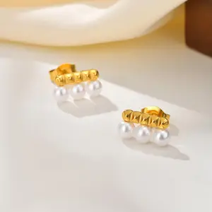 Minimalist Style Daily Wear Stainless Steel Gold Plated Ear Studs Rivets Design Pearl Stud Earrings