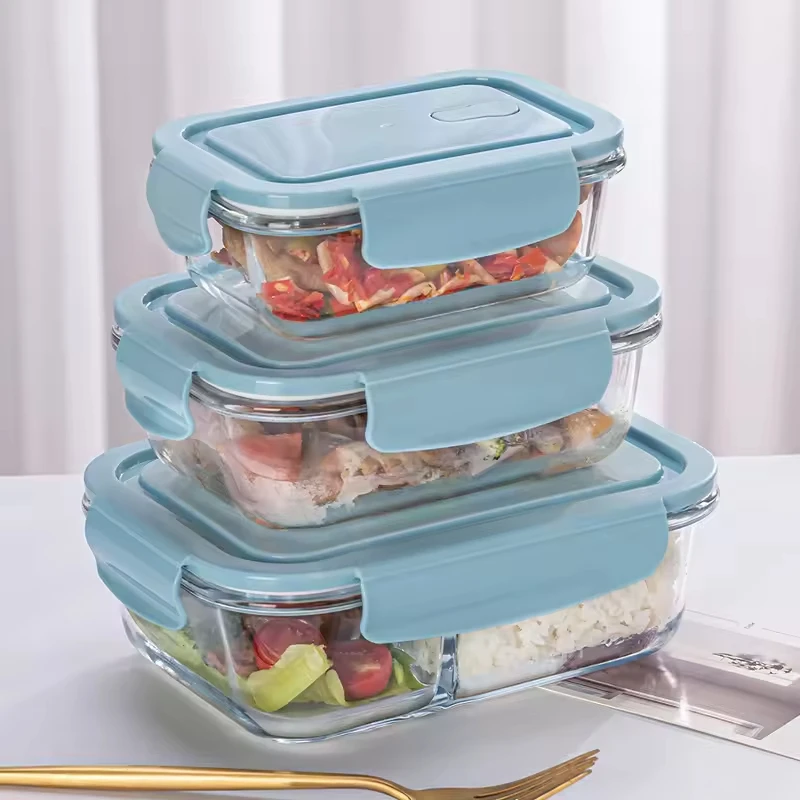Wholesale 410ml 700ml 1040ml Airtight Glass Meal Prep Containers Plastic Lid Microwave Dishwasher Safe 3 Compartments Lunch Box