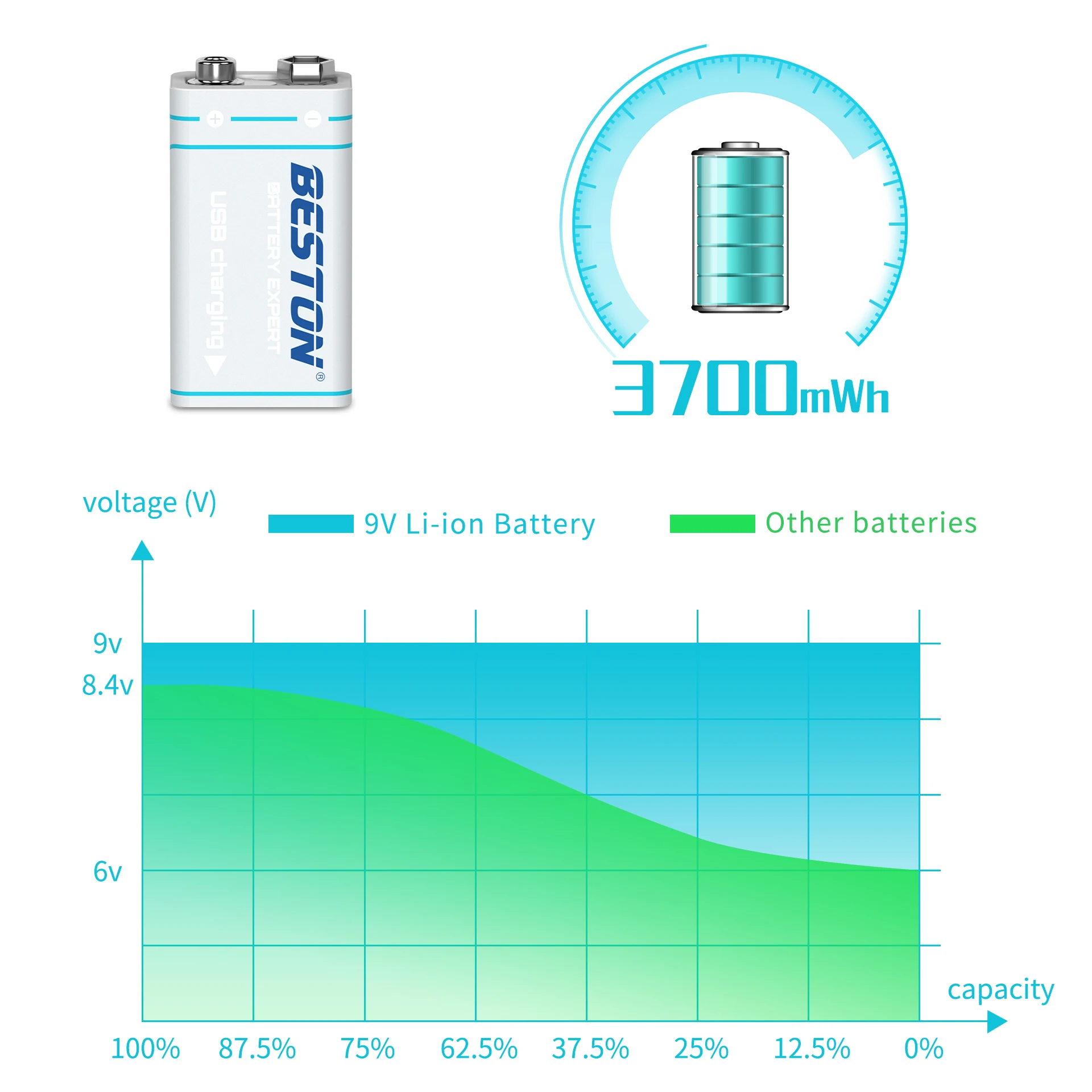 Beston New Arrival 9v Typec 1000mah Liion Rechargeable Battery For