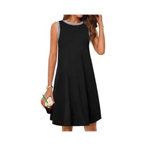 Women's 2025 Summer Casual Sundress Solid Chiffon Mini Dress Crewneck Coverup Sleeveless for Beach Vacation Natural Weaving