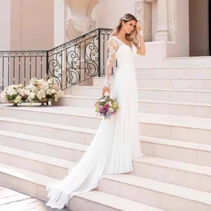 European Elegant Long Sleeved Lace V Neck White Wedding Dress Embellished Bridal Gown