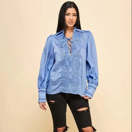 Ladies Elegant Lace V-neck Drawstring Top - Image 1