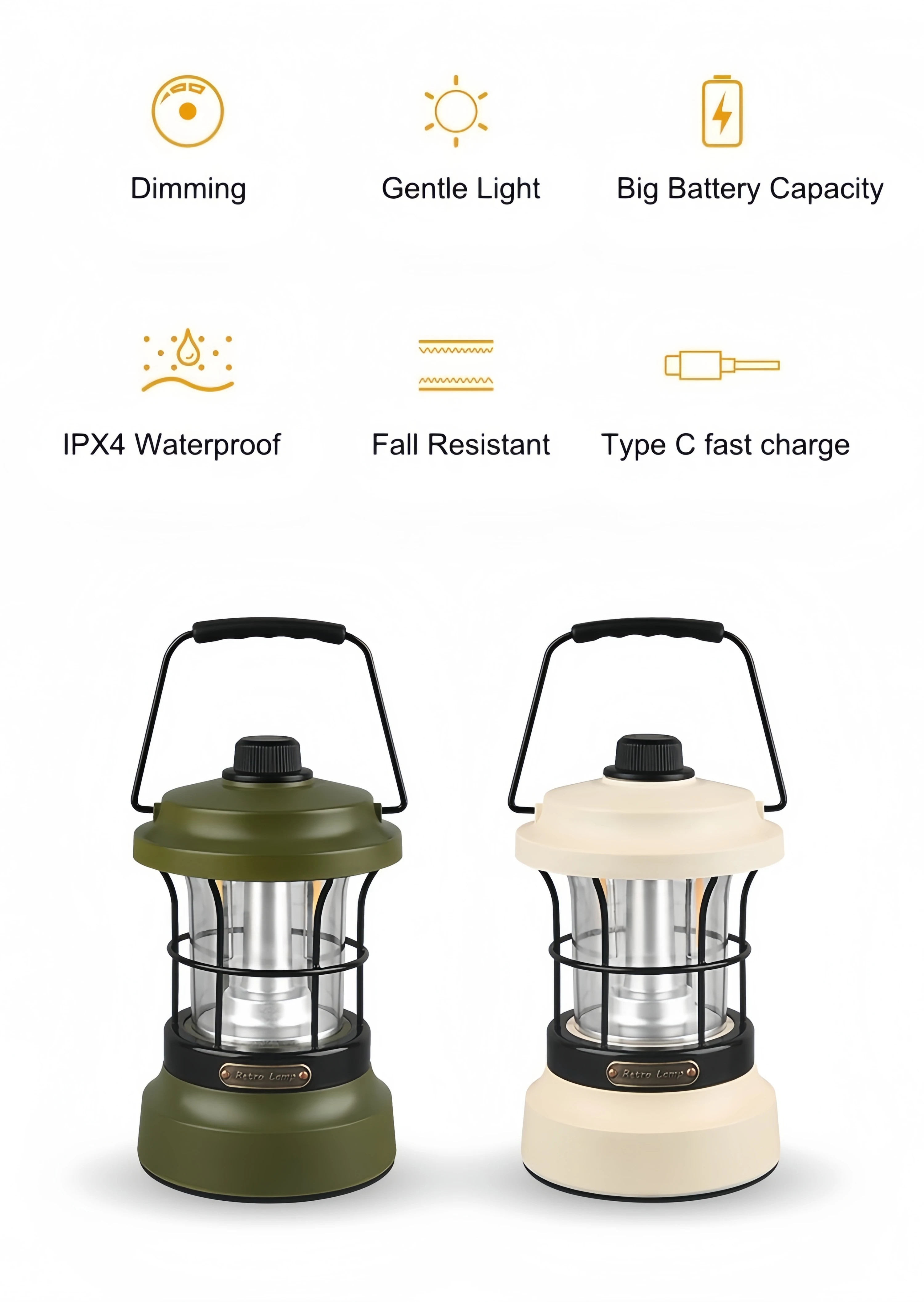 Retro USB-C Camping Lantern Power Bank Emergency Light Battery Indication Flashlight Portable Vintage  LED Warm Dim Tent Lamp