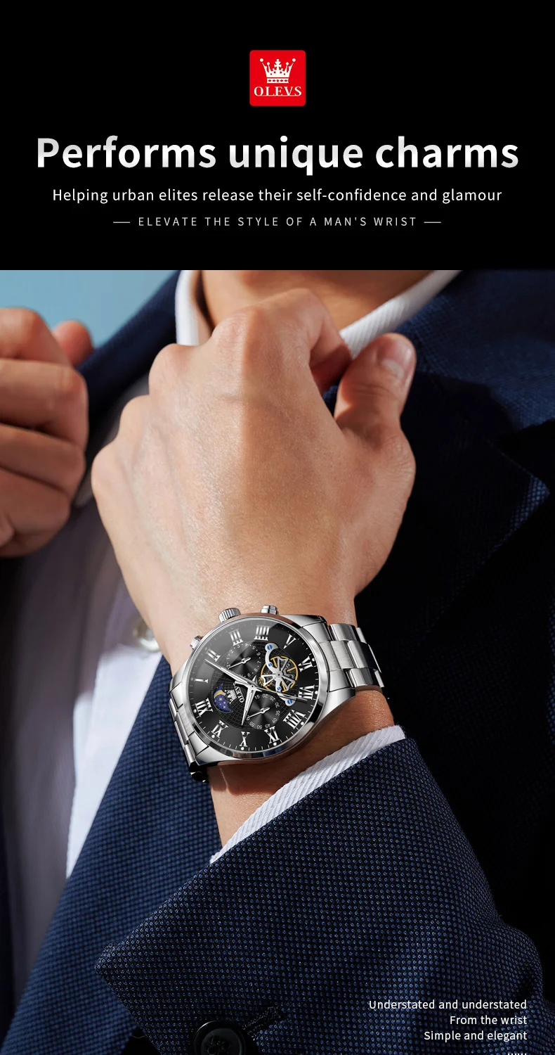 OLEVS 3640 Men's Watches TOP Brand Chronograph Moon Phase Roman Scale Stainless Steel Luminous Hands Waterproof Man Wristwatches