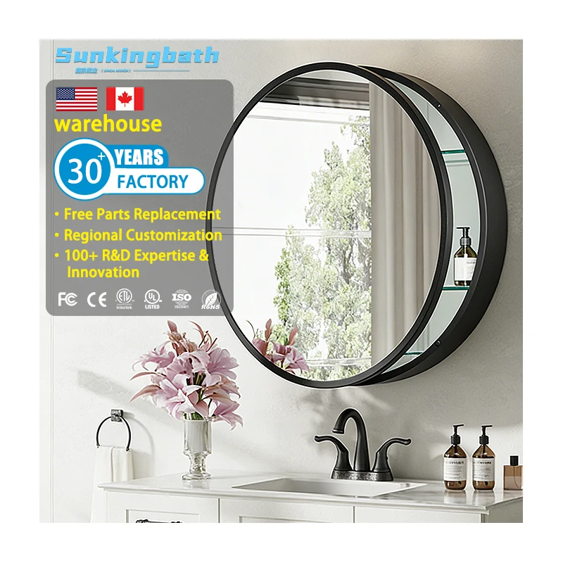 Circular Bathroom Mirror Cabinet Wall Mount Medicine Cabinet Framed Medicine Cabinet  with Slow Closing