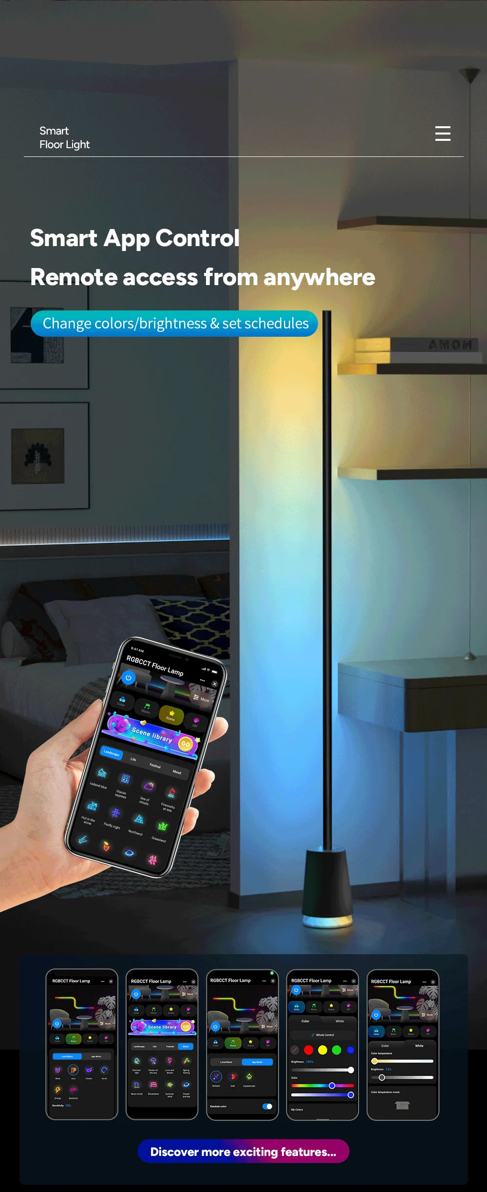 CLLighting1.65M RGBLED Floor LampHiFiSound RF Remote Built-in Speaker，Aluminum Metal Simplicity for Game Environment Decoration