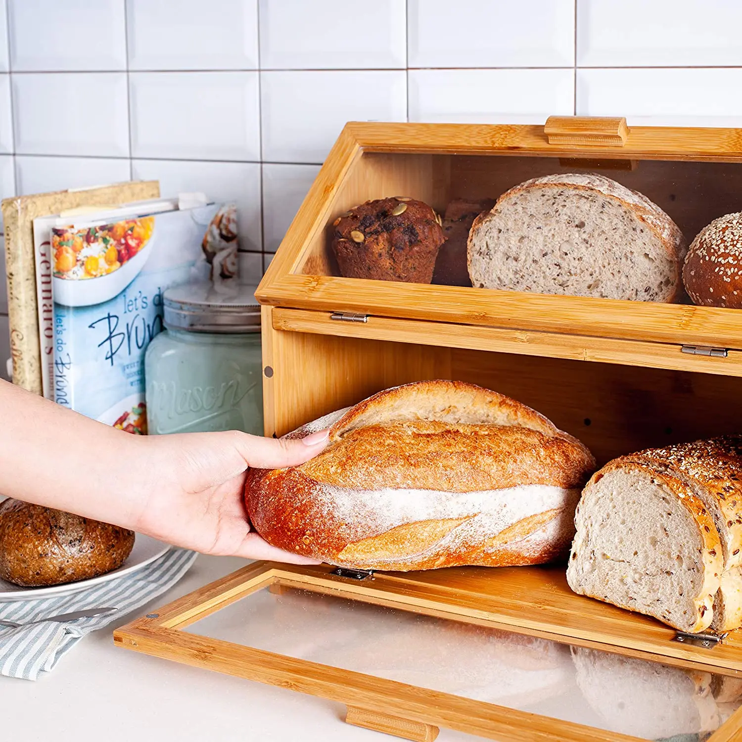 product wholesale bread box countertop bamboo kitchen storage box food bread storage bin wooden storage box food organizer-3