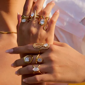 MW 18K Gold Plate Stainless Steel Rings Modern Minimalist Lines Double-layer Hollow Geometric Large Zircon Open Solitaire Rings