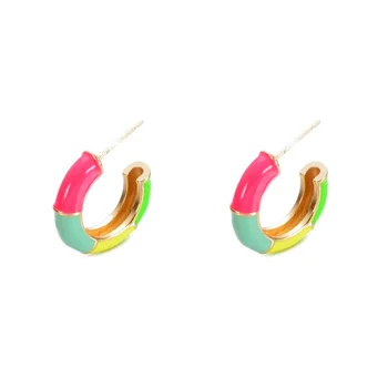 1Pair Fashion Personality Brass Hoop Earring Plated 18k Gold C Shaped Circle Colorful Enamel Stud Earrings Hoops For Girls