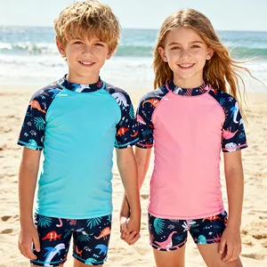 Custom Design Soft Touch Stretch Woven Rash Guard & Swim Trunks Set Boys' Swim Trunks Short Sleeve RashGuard for Hawaiian Resort