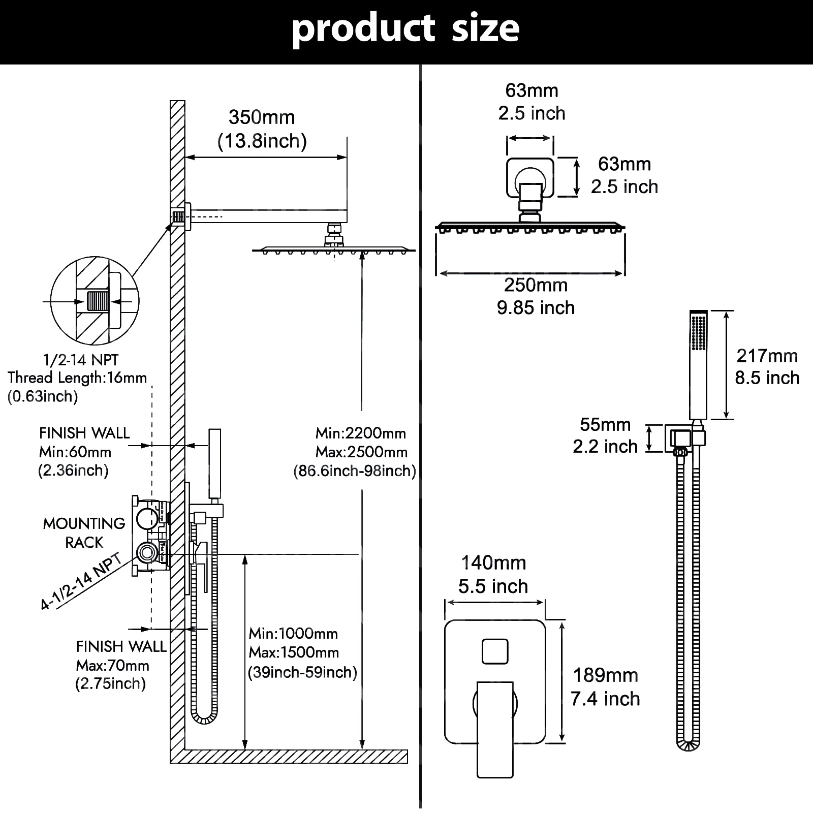 Black Thermostatic Shower Mixer Faucet Set 2 Function Concealed Bathroom Shower System Shower