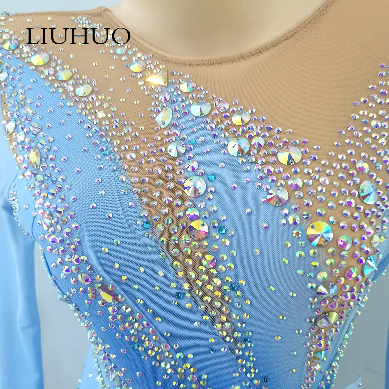 LIUHUO Girls Figure Skating Dress - Professional Gradient Blue Competition Costume With Rhinestones