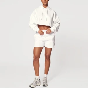 Manufacturer Oem Solid Color Blank Sportswear Plain Hoodies Cut Edge Raw Hem Women Boxy Cropped French Terry Hoodie