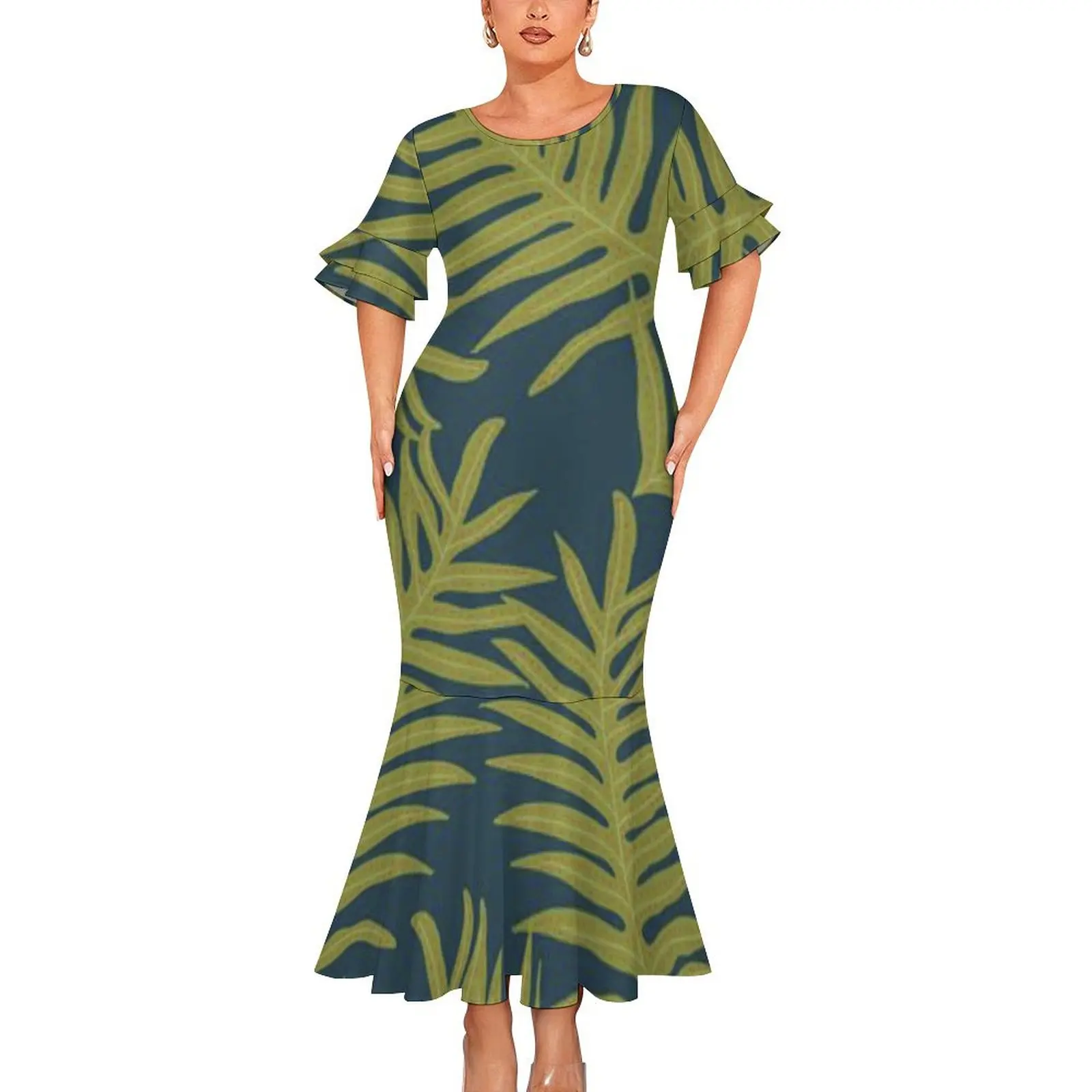 New Design Custom Polynesian Tribal Slim-fit Fishtail Dress High Quality  Double Layered Ruffle Sleeve Mermaid Dress