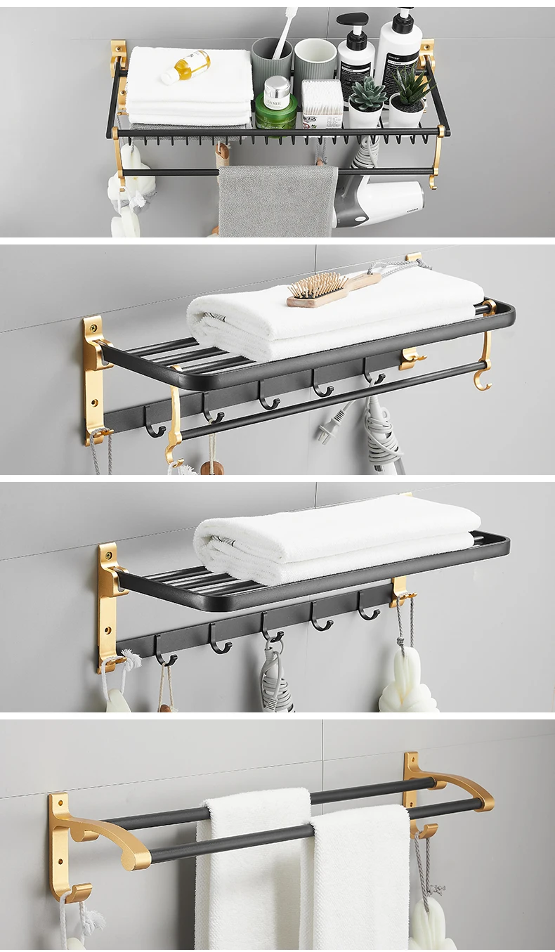 Luxury Brushed Gold Black Aluminum Wall Mounted 5 Pieces Bathroom