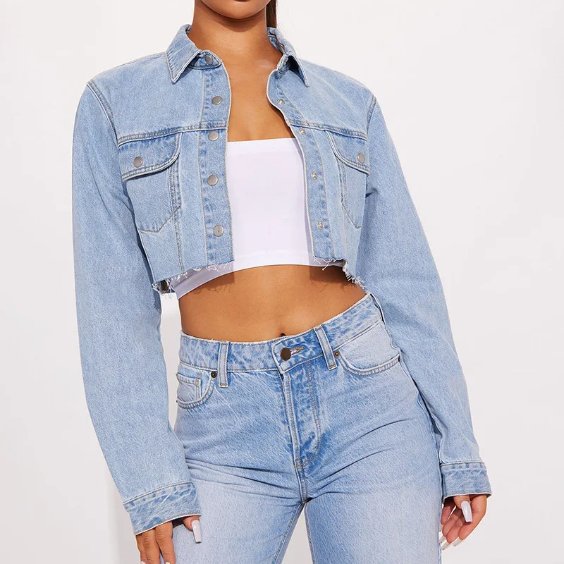 Channel Casual Basic Long Sleeve Button Down Frayed Hem Crop Top Denim Jacket for Women