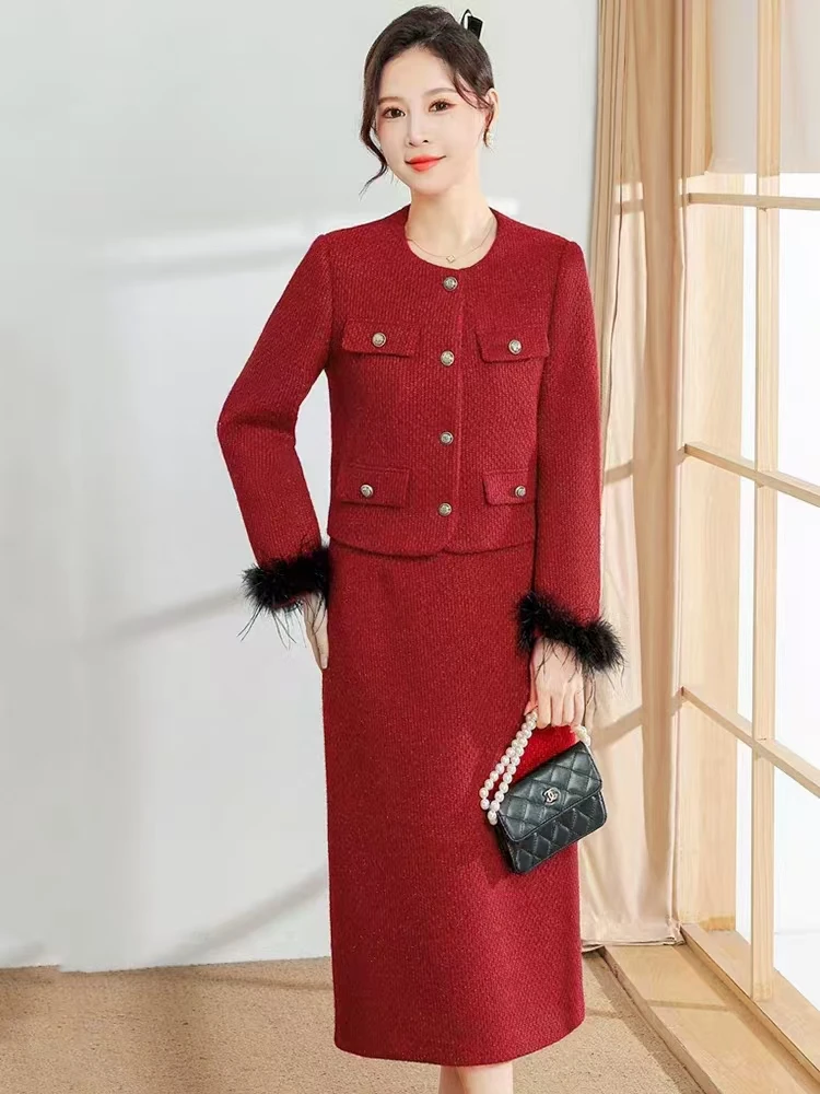 Women's New A-Line Two-Piece Plaid Dress for Autumn and Winter Lady Small Fragrant Wind Natural Waistline for Adults