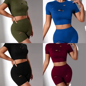 European and American Sexy Women's Clothing Leisure Sports Burnt Hole Two-piece Set Women's Round Neck Short Sleeve T-shirt