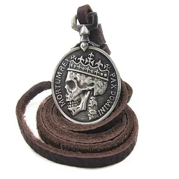 Fashion Jewelry Silver Color Pendant Skull Coin Leather Necklace For Men