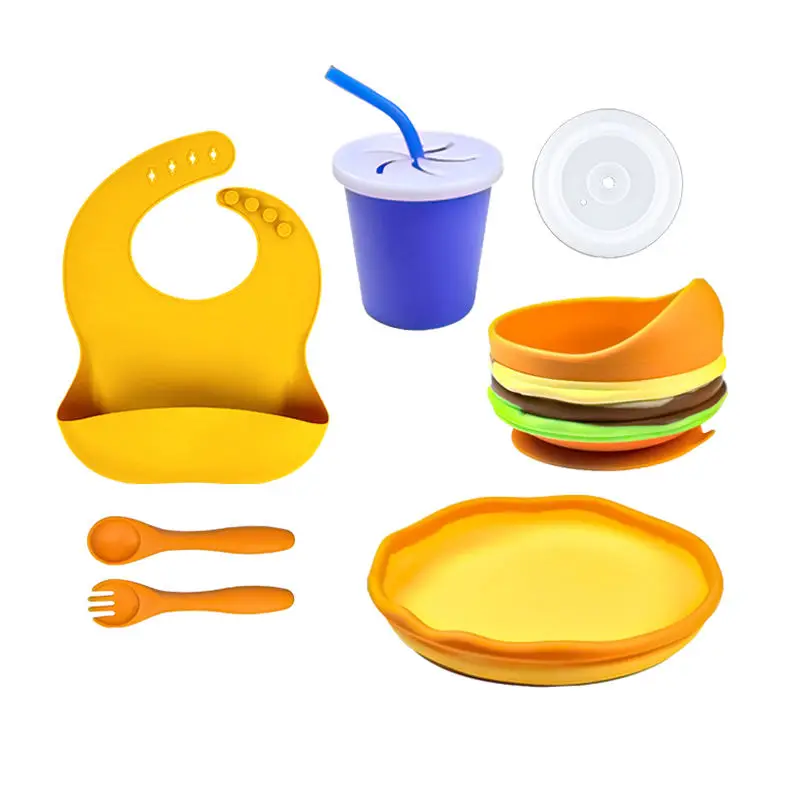 Baby Dinnerware Feeding Set Dish Set Toddler Pizza Plate Hamburg Bowl Cup Spoon Fork Bib Tableware Set