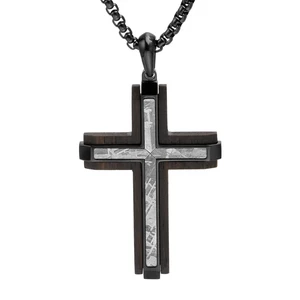 Religious Customizable Black Ebony Wood Cross Pendant Stainless Steel Chain Necklace Meteorite Jewelry Pendants