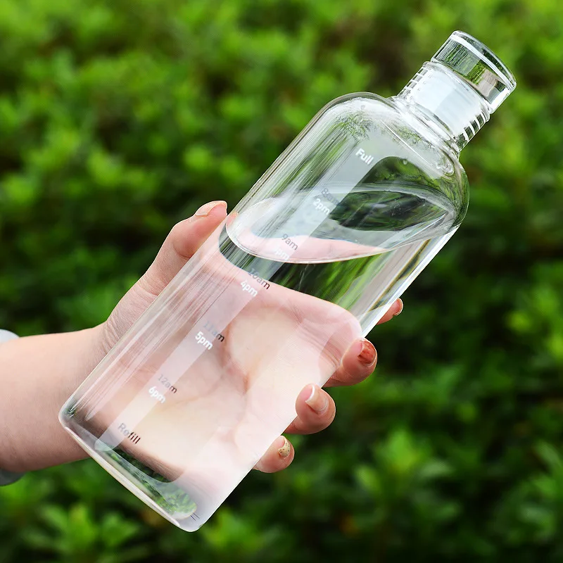 Glass Bottle time marker leakproof Large Big Sport glass white motivational  Water Bottle BPA Free