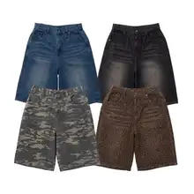 Men Fashion Y2k Streetwear Leopard Loose Denim Jorts  Custom Camouflage Men Baggy Jeans Shorts