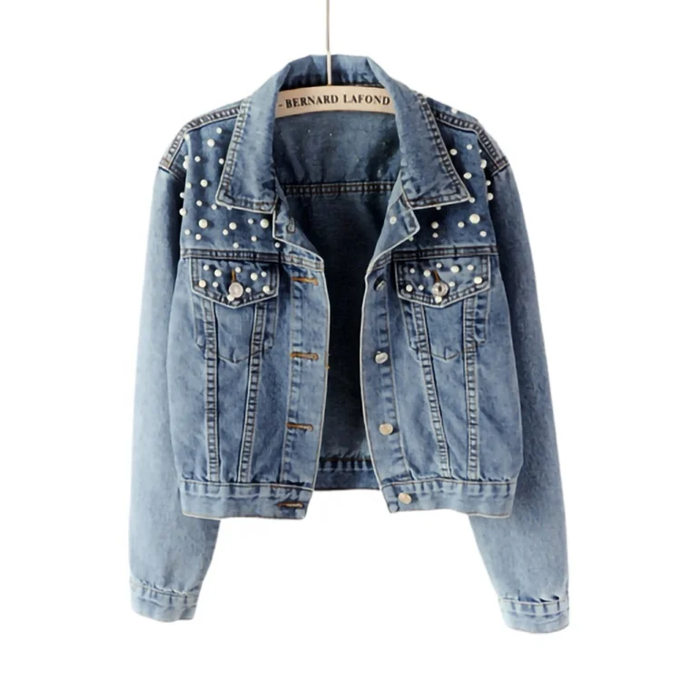 Ladies Short Denim Jacket Beaded Pearl 