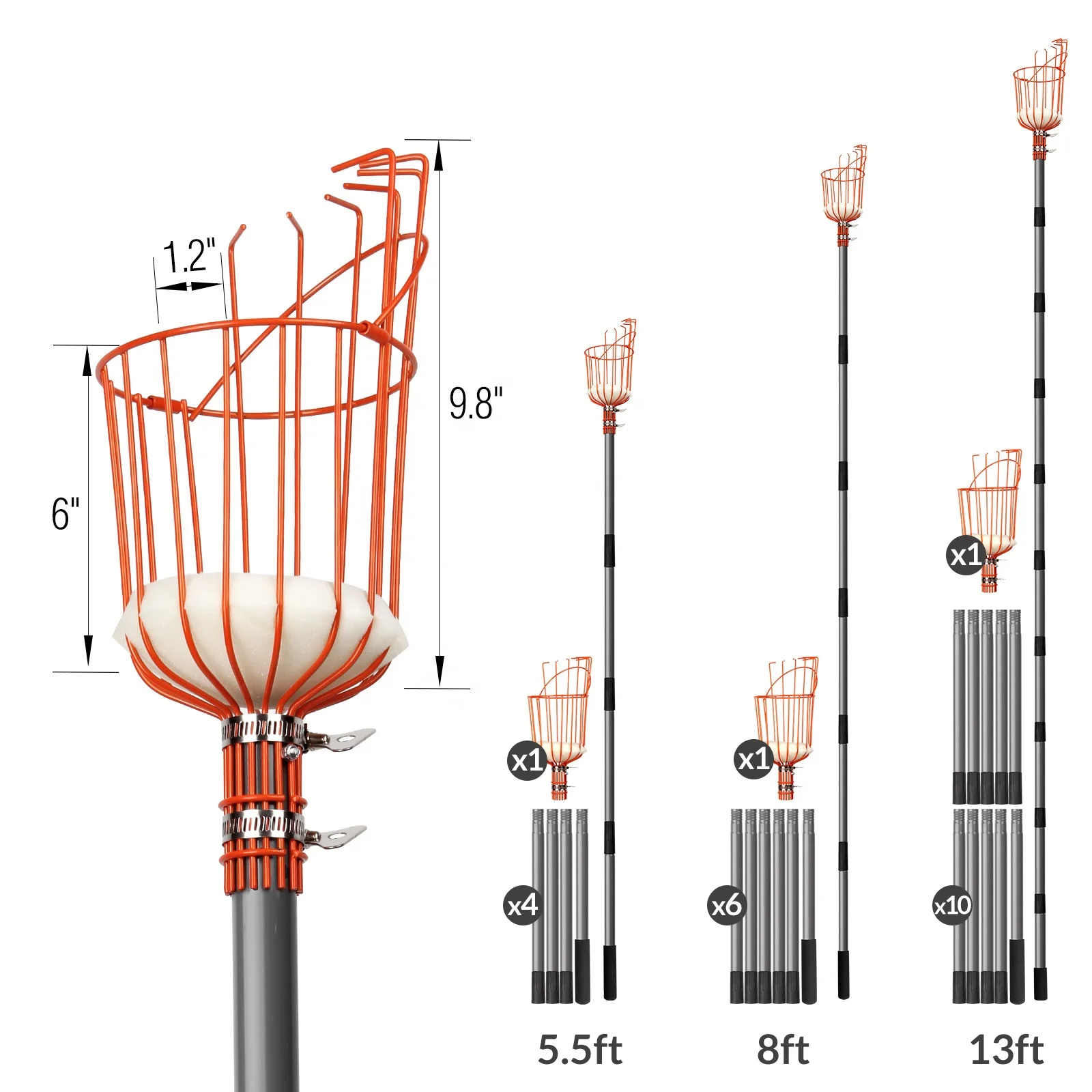 5.5ft Telescopic Fruit Picker with Stainless Steel Telescopic Pole 1.5m Garden Tool Fruit Picking Tools
