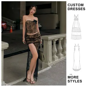 Wholesale Custom Women's Sexy Strapless Tight Skirt Casual Lace Embroidery See-through Two-piece Suit Dress Sets