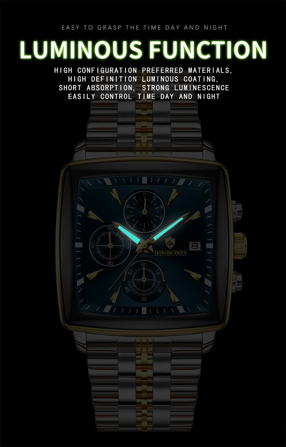 BINBOND Luxury Gold Blue Square 40mm Chronograph Dial Watch for Men B911