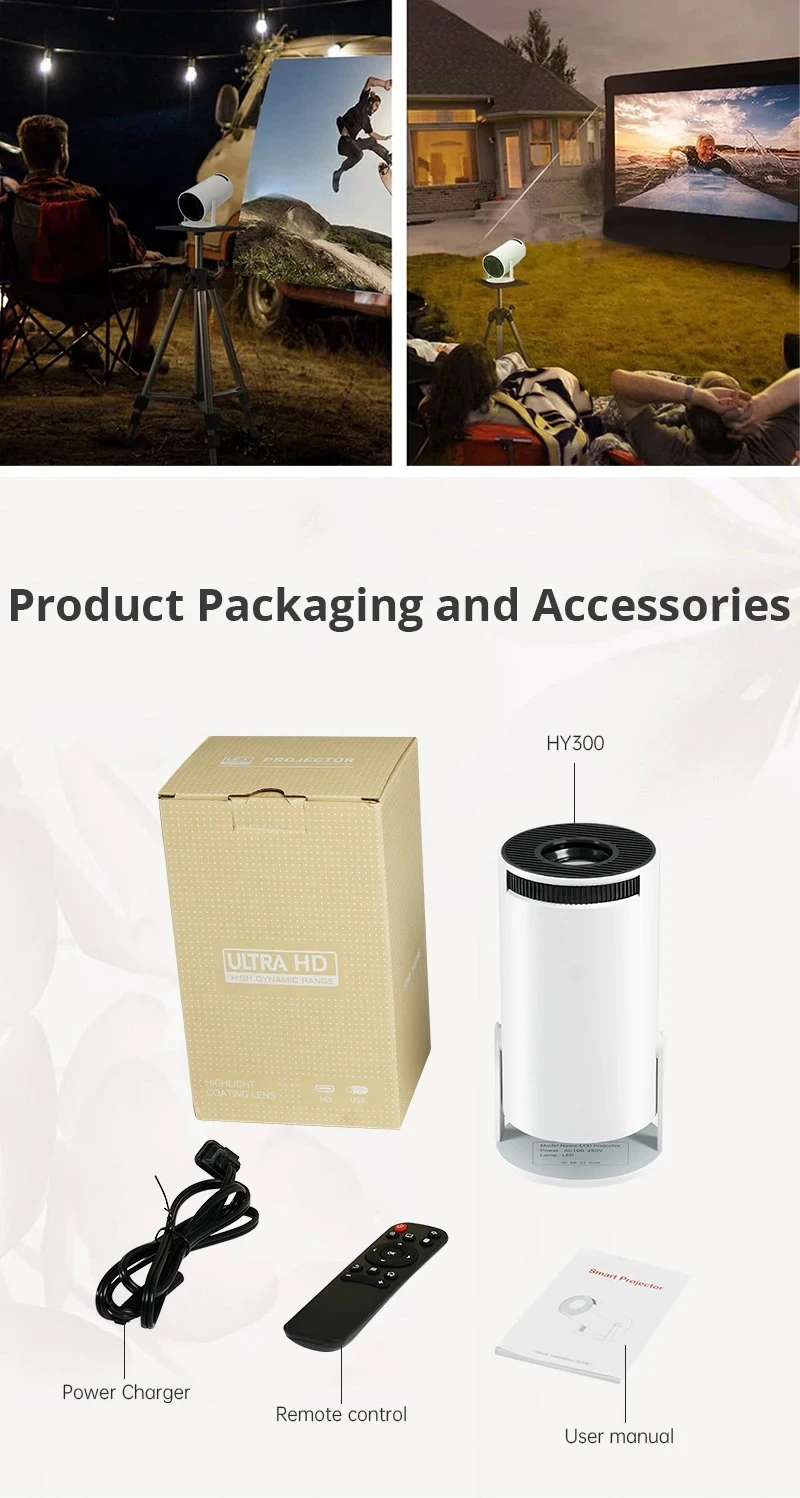 HY300 HiFi 4k安卓11户外便携式手机液晶投影仪，带Wifi6智能迷你影院投影仪发光二极管灯