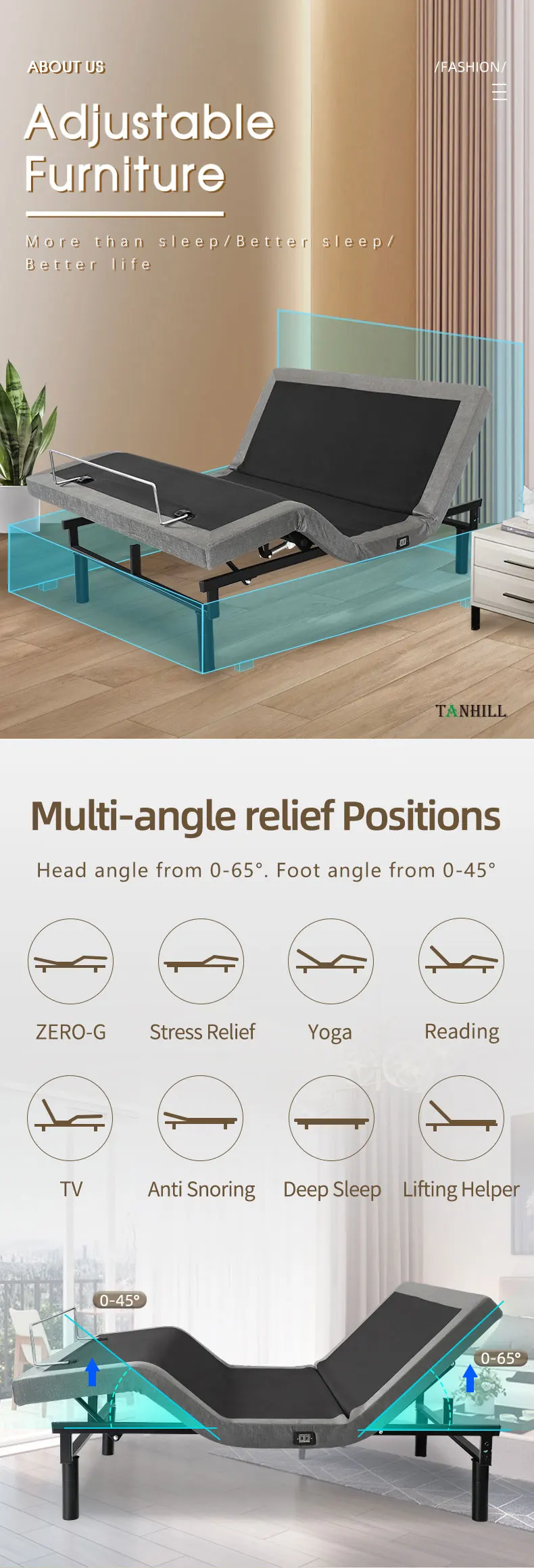 Superior Stable Metal Electric Adjustable Bed Base Reclining & Extendable For Upholstered