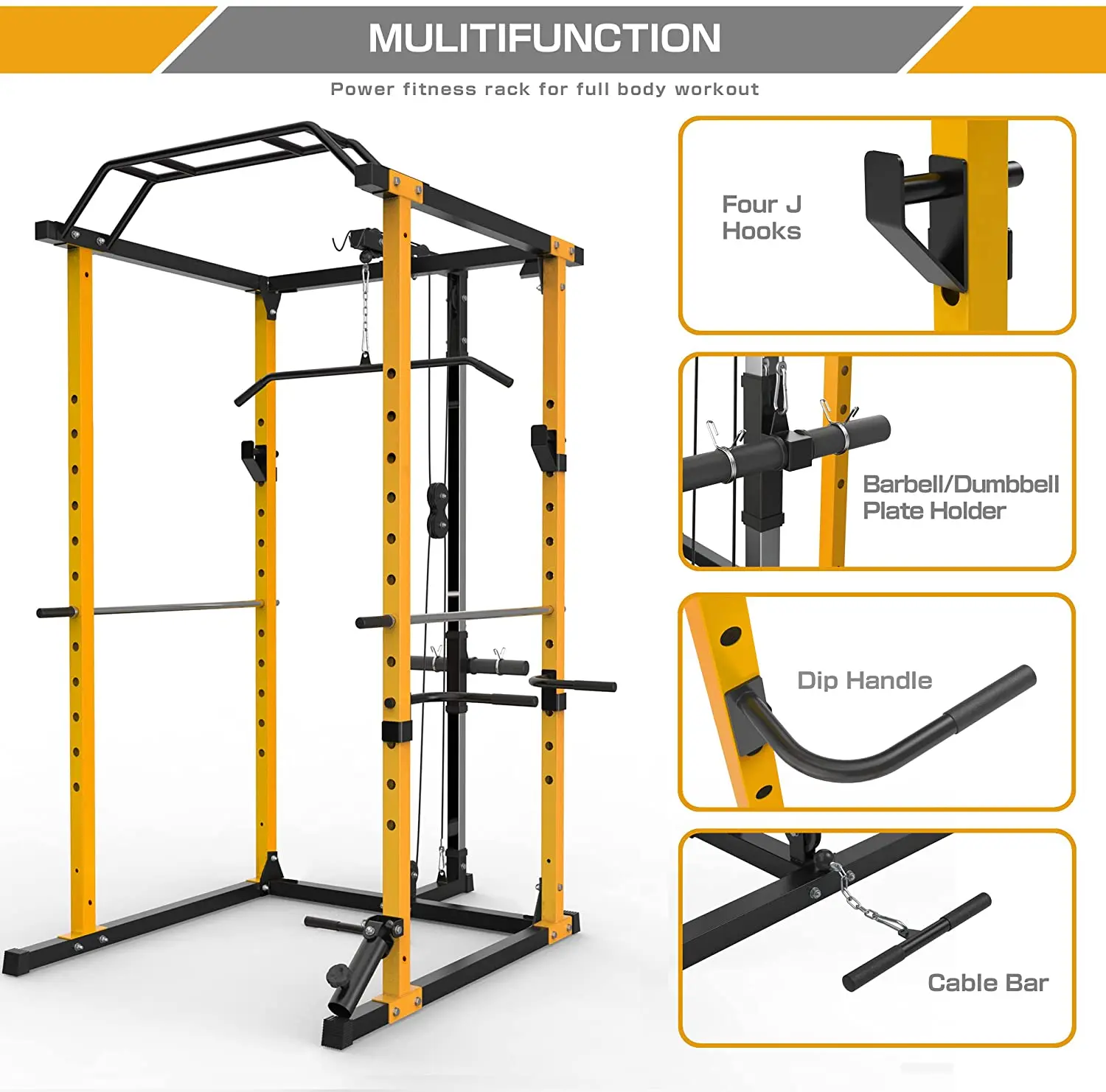 Synergee Power Rack Cage avec système de poulie, J-Cups, bras de sécurité, barre de traction