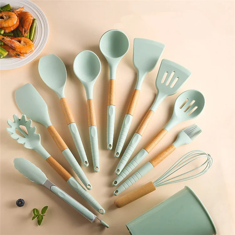 Silicone Cooking Utensils Set with Holder Bucket Heat Resistant Detachable Handle Kitchen Cooking Tool Mint Green