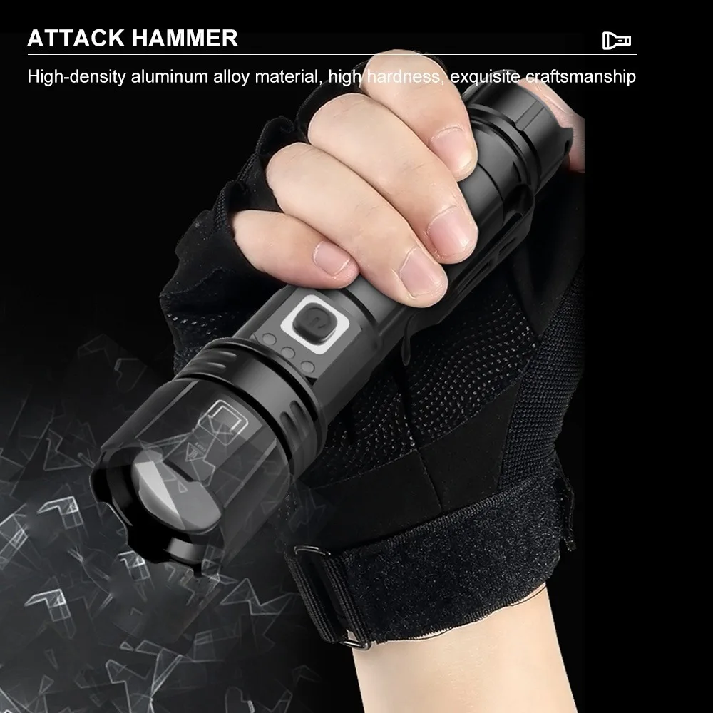 Asafee High Power Zoom P50 LED Aluminum Alloy Flashlight Strong Light Outdoor Torch with Attack Head Tactical Flashlight