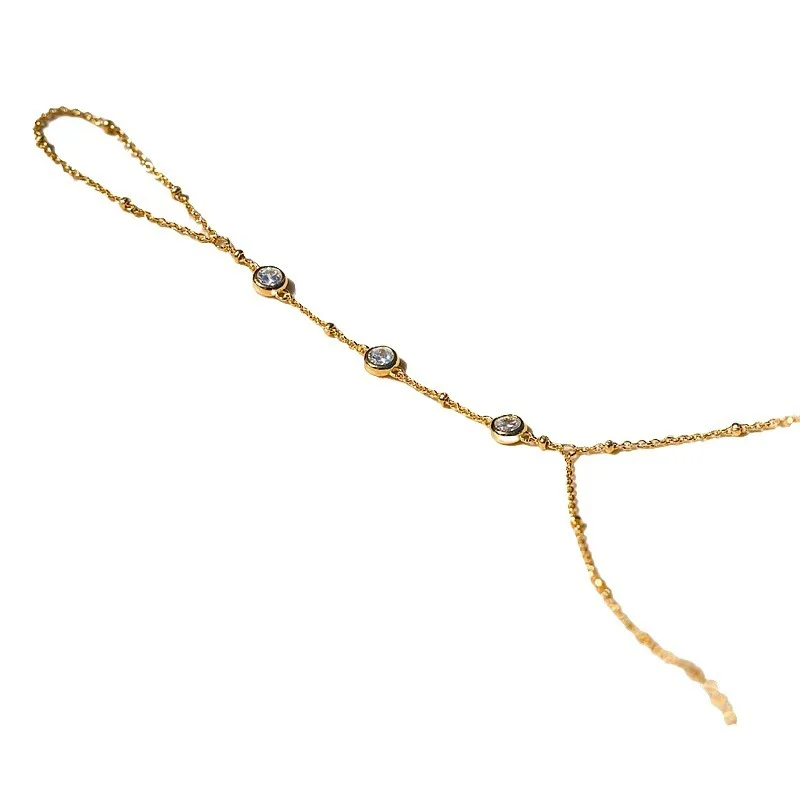 Non-Tarnish Stainless Steel CZ Diamond Hand Chain 18k Gold Finger Ring Bracelet Ring With Bracelet Attached for Women