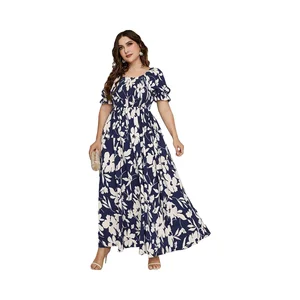 Women's Plus Size Casual Boho Floral Maxi Dress Curvy Short Sleeve V-neck Natural Waistline Summer Digital Printing A-line